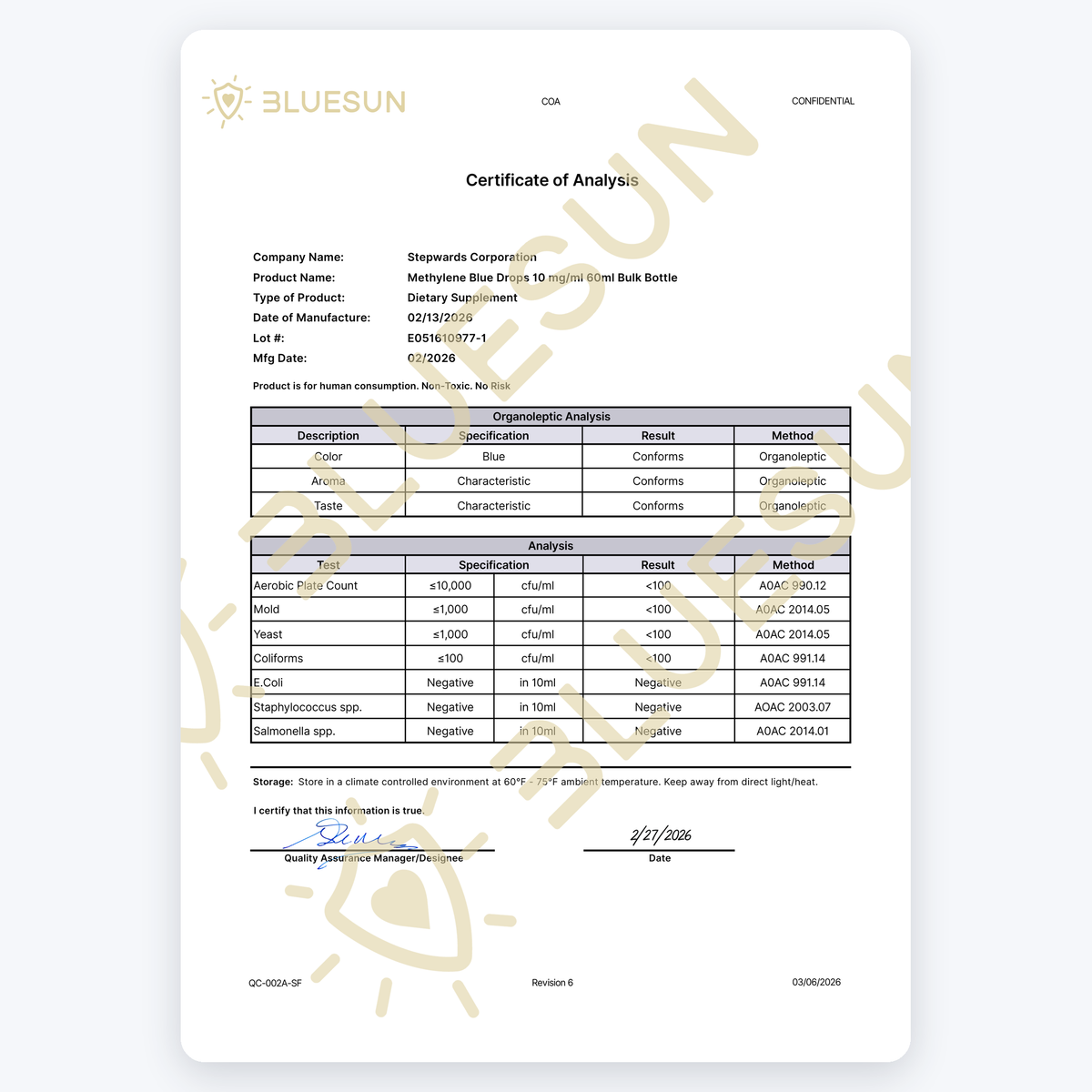 Bluesun USP Grade Methylene Blue 60ml